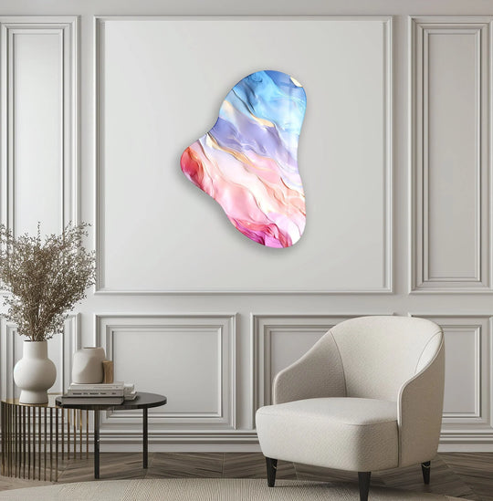 This asymmetric decorative wall art features a prominent pink abstract design with bold, fluid lines and pastel colors.