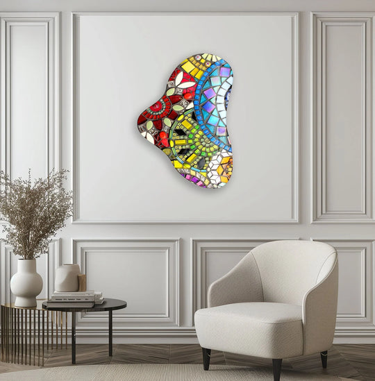 A mosaic glass art painting swirls with vibrant colors, creating a sense of energetic movement across the abstract wall decor.