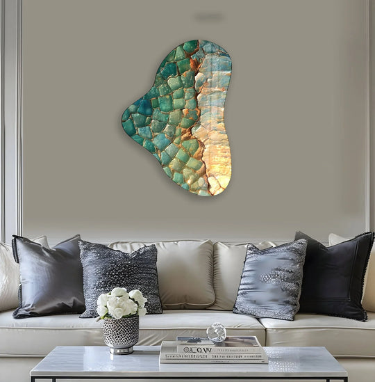Vibrant green glass art displays rich color saturation with a crackled mosaic texture and warm golden accents.