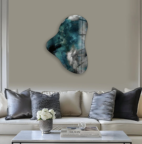 Deep emerald and sapphire hues saturate this asymmetric glass wall art, creating a vibrant home decor piece.