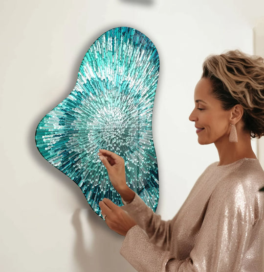 Turquoise lines abstract glass wall art with a captivating, shimmering finish, a piece of the best glass art.