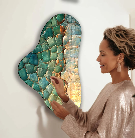 Abstract asymmetrical glass art painting showcases irregular fragments of emerald, sapphire, and gold, mimicking a cracked agate mosaic.