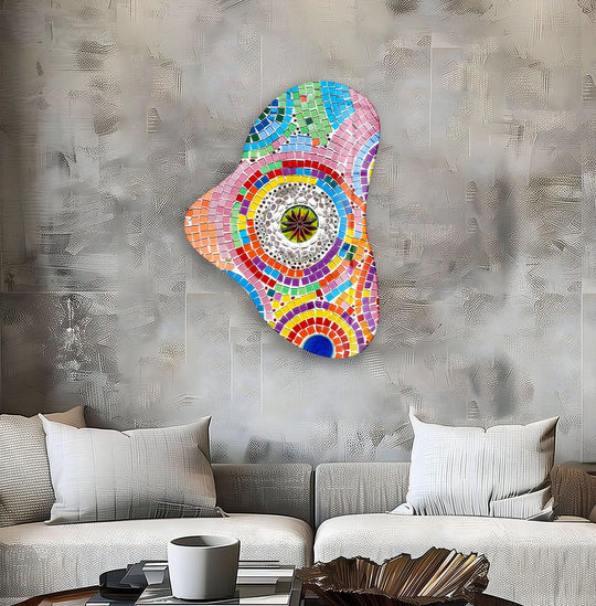 A vibrant, multicolored abstract glass wall art with a warm color temperature, showcasing unique modern wall decor.
