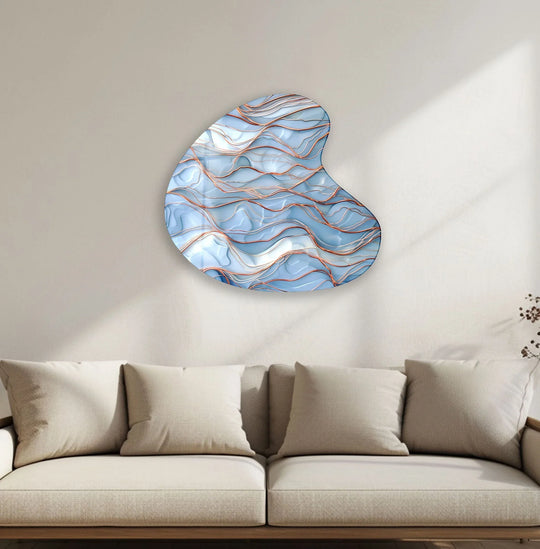 Dominant blue tones highlight this abstract glass art painting with flowing, wave-like patterns and copper wire accents.