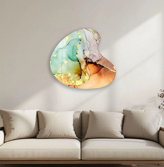 Shimmering gold accents highlight the vibrant, flowing colors within this unique irregular piece of best glass art.