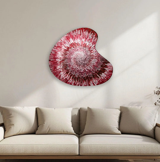 A red abstract style irregular glass wall art with a textured, faceted finish, showcasing the best glass art.
