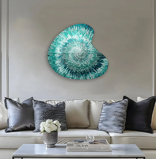 Vibrant turquoise hues saturate this abstract glass wall art, creating a stunning home decor focal point with intense color saturation.