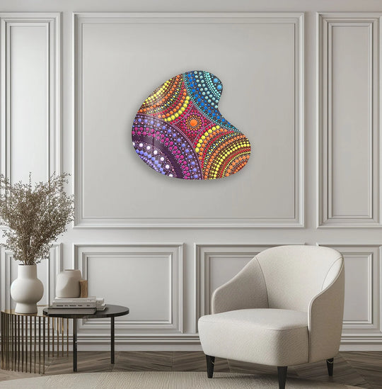 A vibrant, irregular-shaped glass wall art print showcases a colorful mosaic design with exceptional material quality.