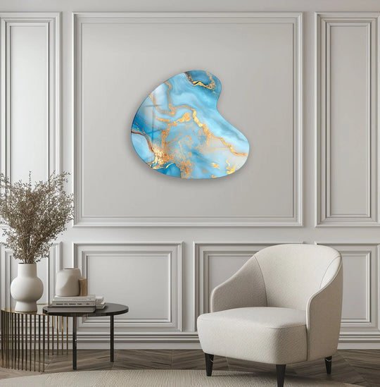 Azure and gold marble swirls create a dynamic visual rhythm on this irregular glass art painting, adding a luxurious touch.