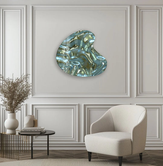 Fluid green and grey abstract wall prints showcase a mesmerizing transition from cool blues to warm gold hues.