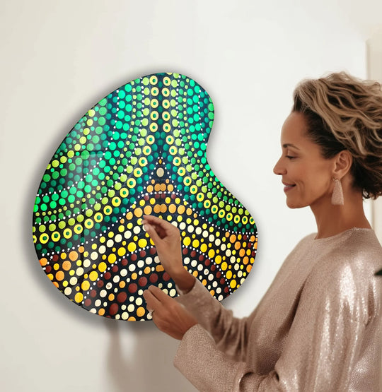 This irregular mosaic glass wall art features a geometric pattern of vibrant green and yellow circles, perfect for abstract home decor.