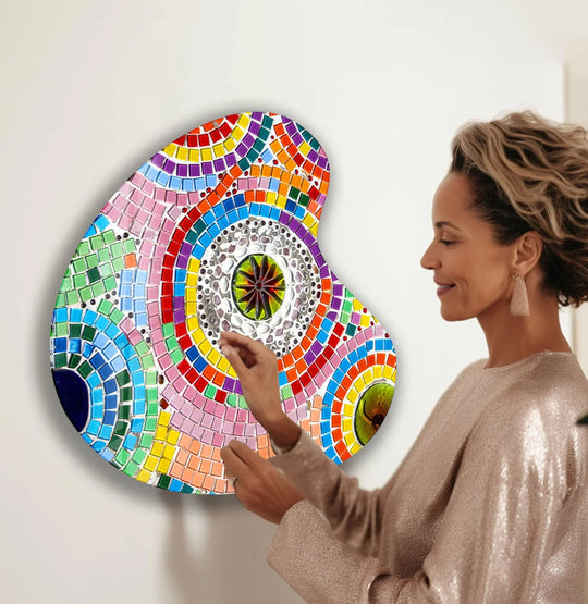 A woman admires a vividly colored, highly saturated pink mosaic-style irregular glass wall art print.