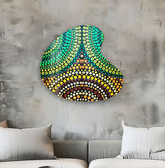 Vibrant green and yellow mosaic glass wall art prints, with hues of orange and brown, on an abstract irregular shape.