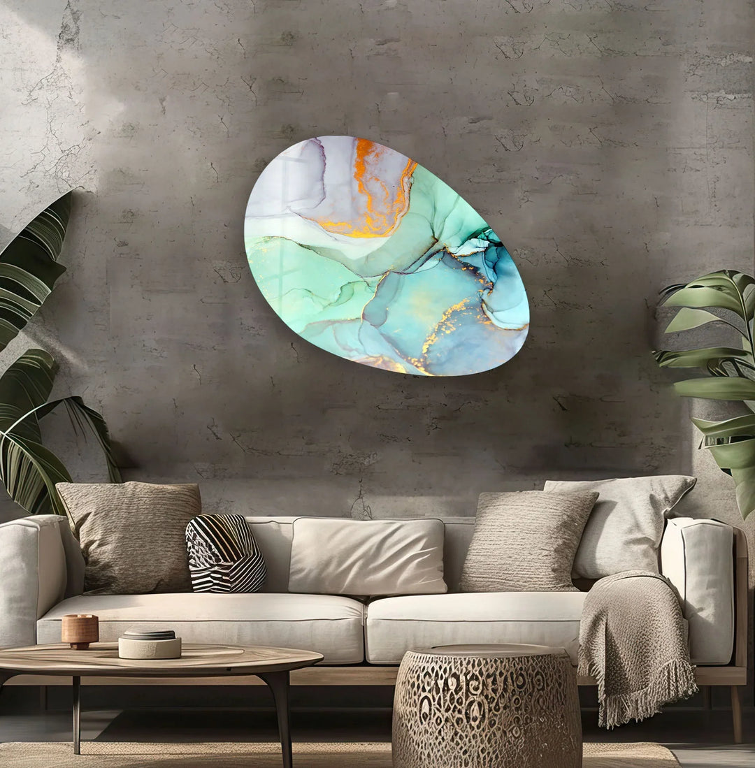 Turquoise Alcohol Ink Oval Glass Wall Art, glass pictures for Wall, glass prints wall art
