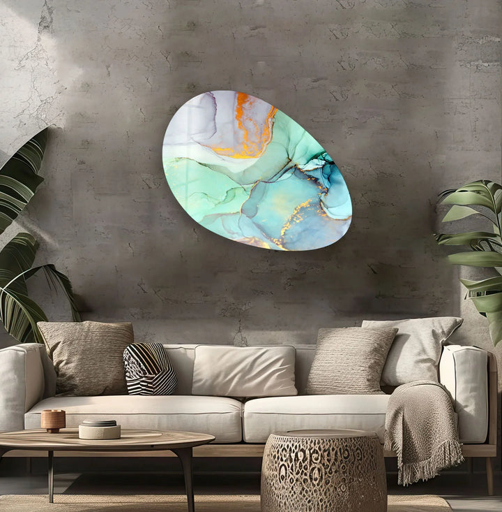 Turquoise Alcohol Ink Oval Glass Wall Art, glass pictures for Wall, glass prints wall art
