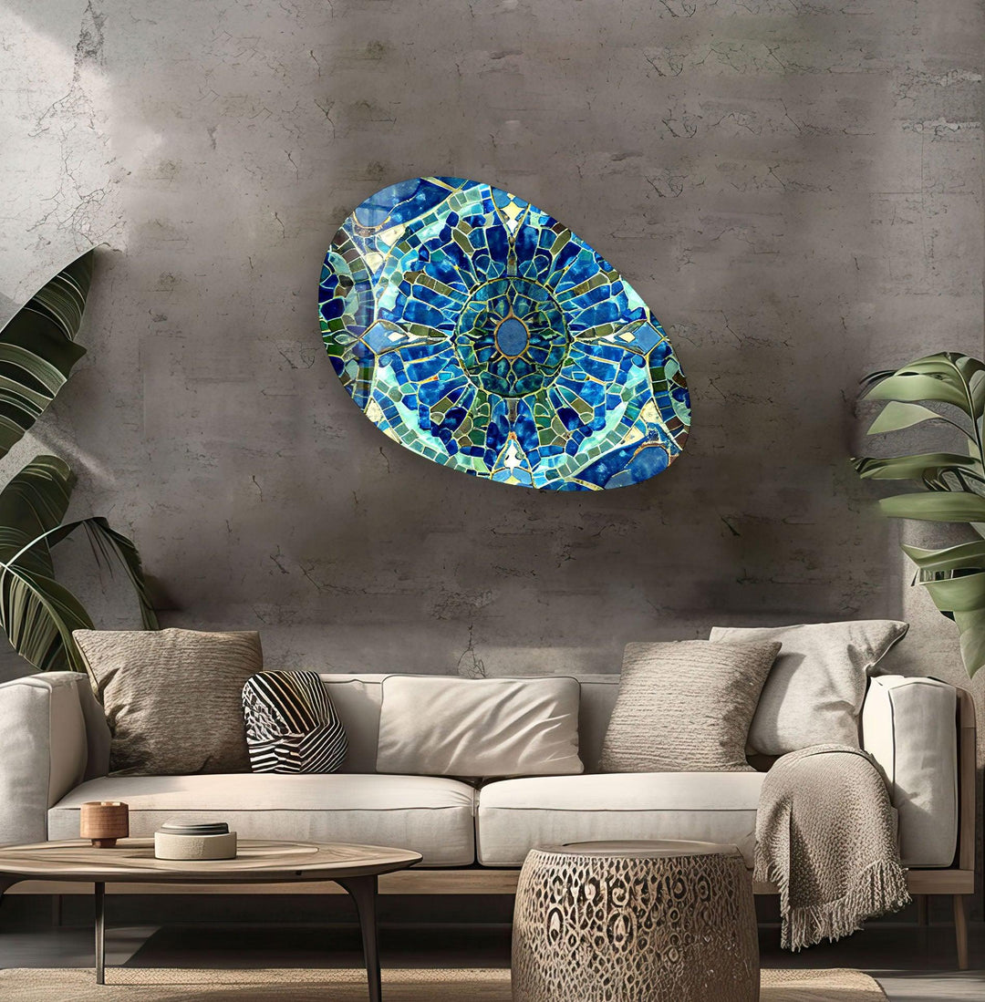 Mosaic Pattern Blue Oval Glass Wall Art, stained glass wall art, stained glass wall decor
