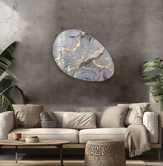 Swirling grey and gold abstract watercolor glass wall art flows with organic movement, creating a dynamic focal point as decorative wall art.