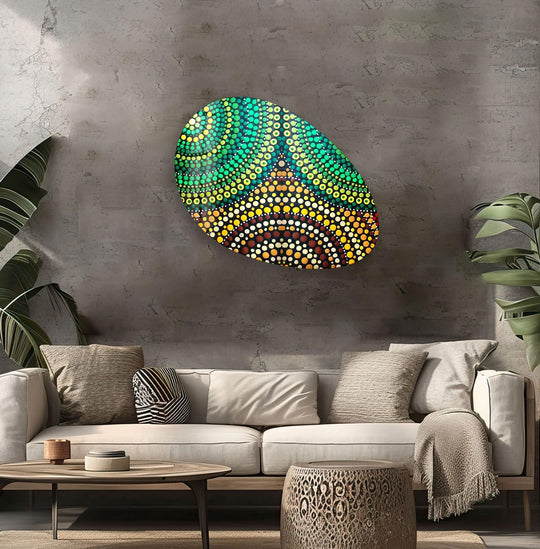 Vibrant green marble pattern oval glass wall art showcases abstract dot patterns, the loudest element in this modern living room print wall art.