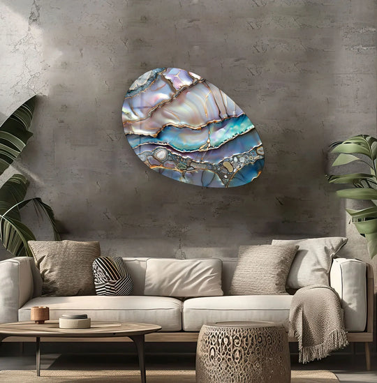 Close-up of a luxurious purple and blue abstract oval glass wall art with intricate gold veining, offering the best glass art.