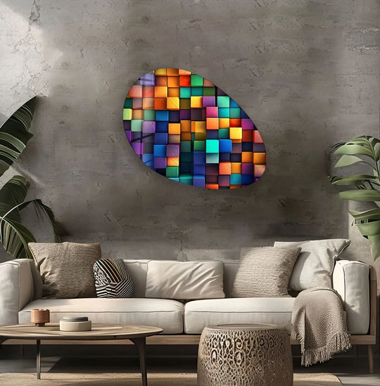 Modern colorful abstract glass wall art decor features a dynamic layering effect of vibrant cubes in an oval shape.