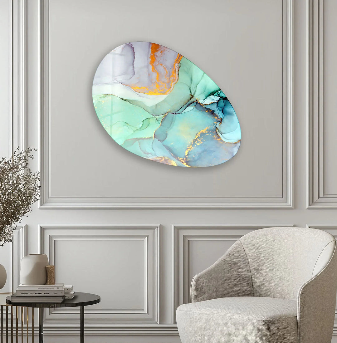 Turquoise Alcohol Ink Oval Glass Wall Art, photo print on glass, prints on glass wall art
