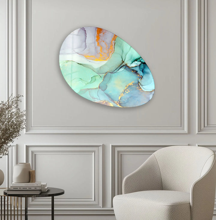 Turquoise Alcohol Ink Oval Glass Wall Art, photo print on glass, prints on glass wall art
