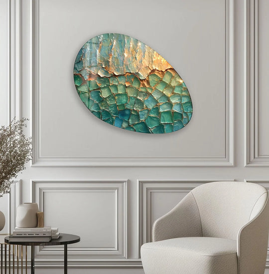 Richly saturated green and gold glass wall artwork showcases a dazzling abstract mosaic with vibrant, jewel-toned hues.