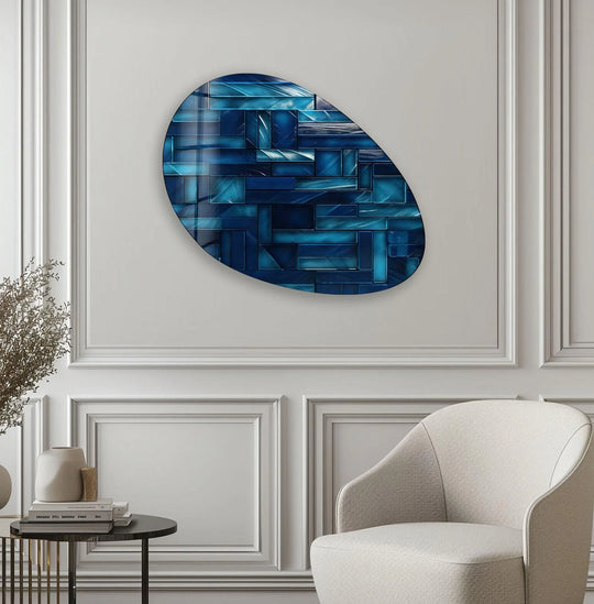 Navy blue abstract glass wall art features organic, mosaic-like forms that add a touch of modern home decor to any space.