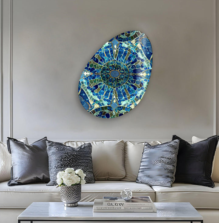 Mosaic Pattern Blue Oval Glass Wall Art, art glass wall art, glass wall art pictures
