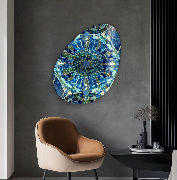 Mosaic Pattern Blue Oval Glass Wall Art, glass art painting, glass art for the Wall
