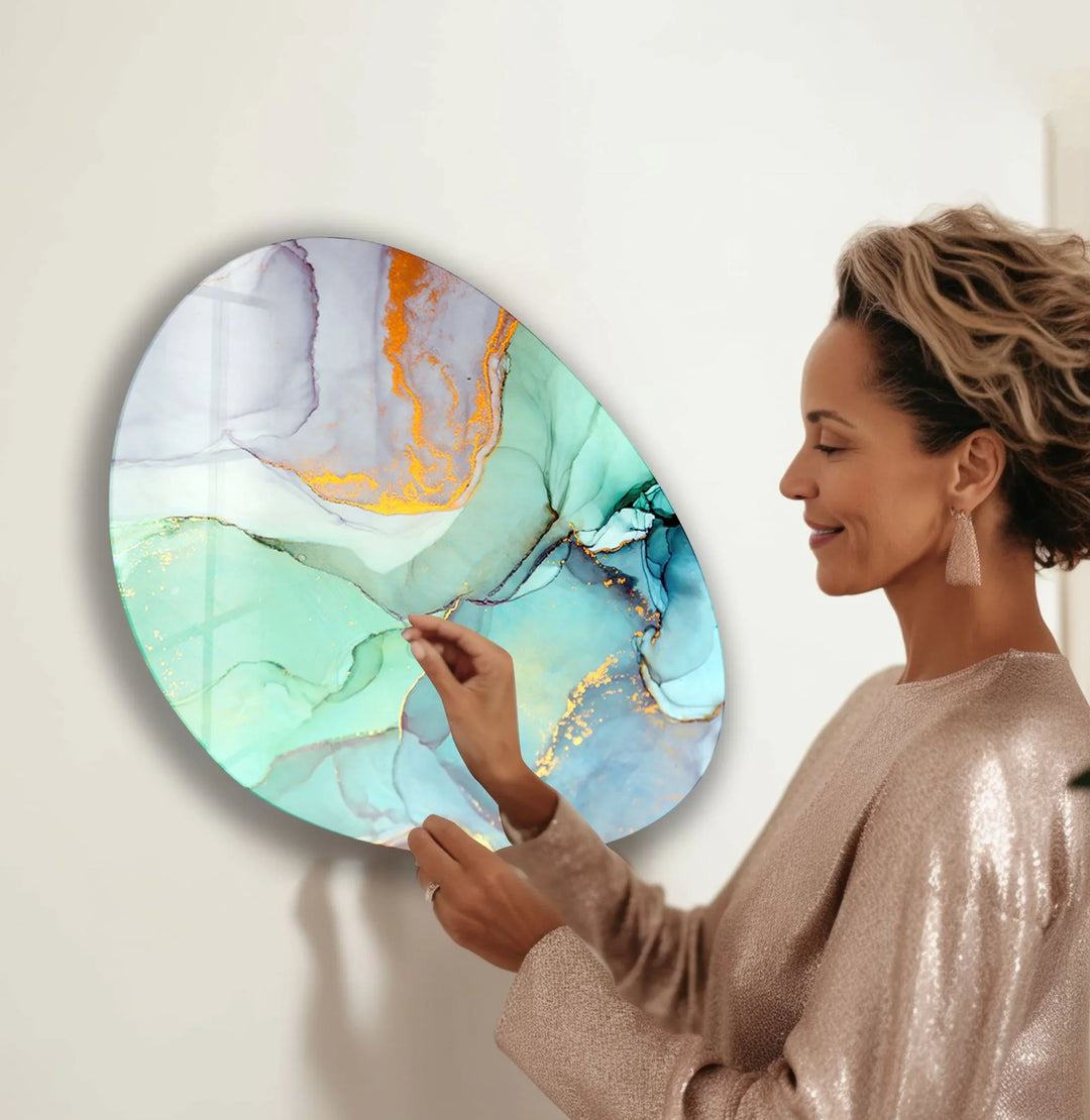 Turquoise Alcohol Ink Oval Glass Wall Art, large glass photo prints, glass wall photos
