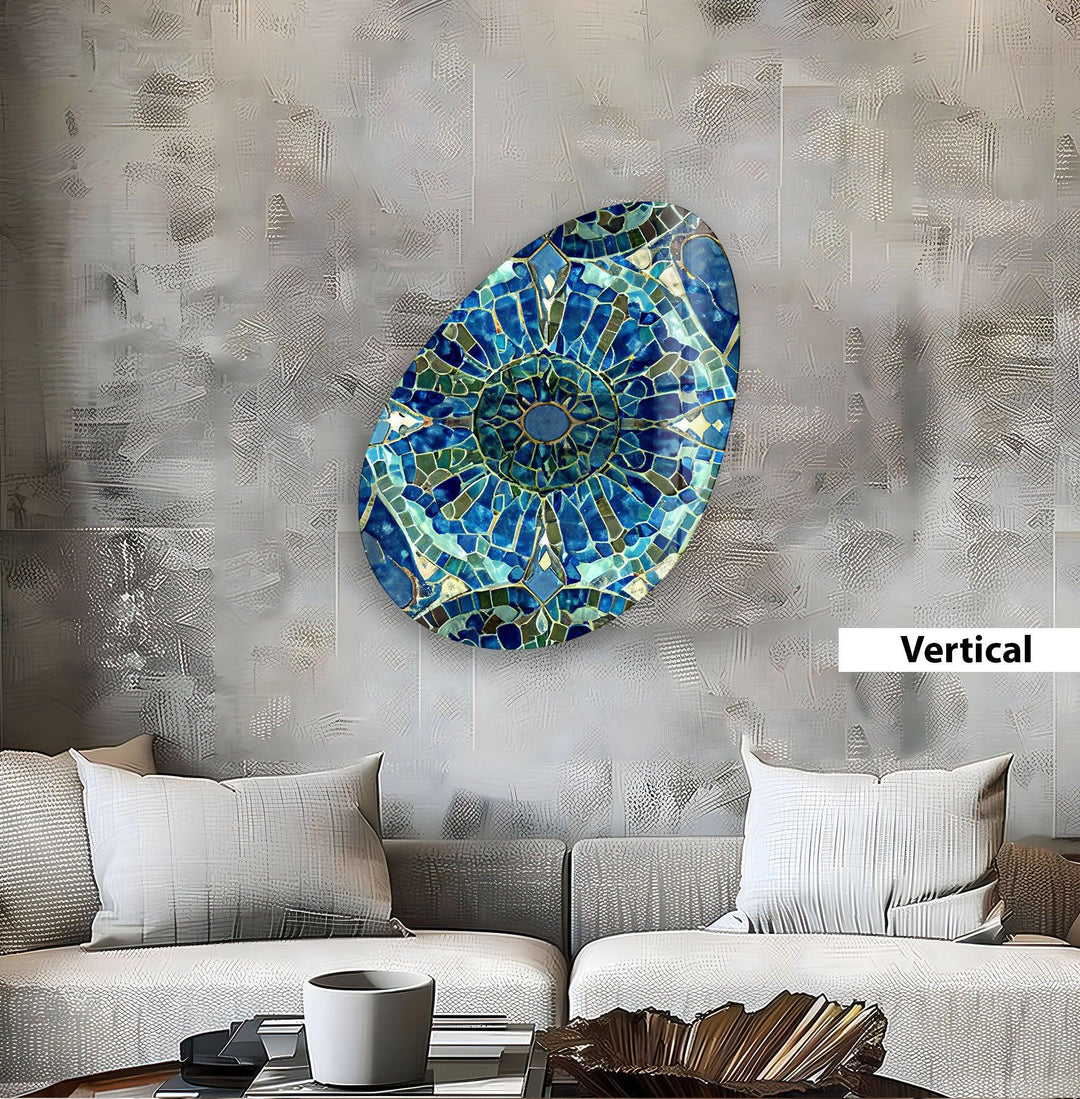 Mosaic Pattern Blue Oval Glass Wall Art, Glass Printing Wall Art, Print photos on glass
