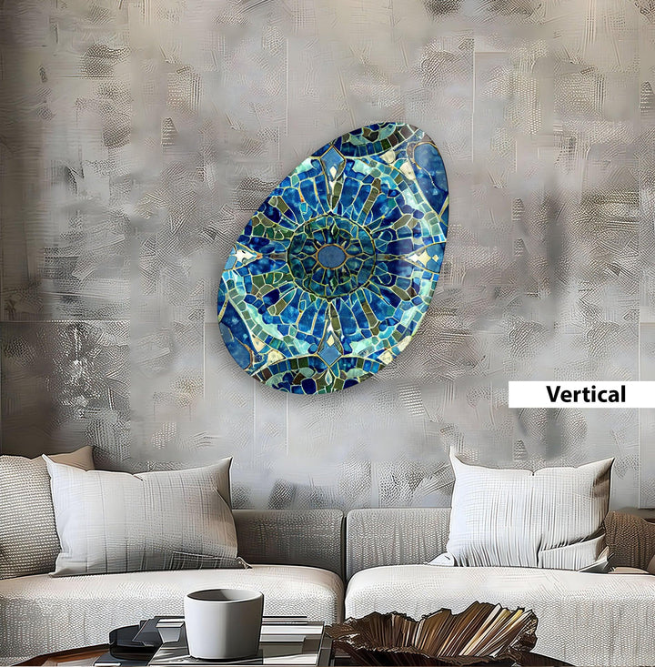 Mosaic Pattern Blue Oval Glass Wall Art, Glass Printing Wall Art, Print photos on glass
