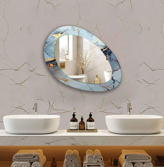 Asymmetrical blue abstract wall mirror with a stunning blue and gold abstract design and durable tempered glass