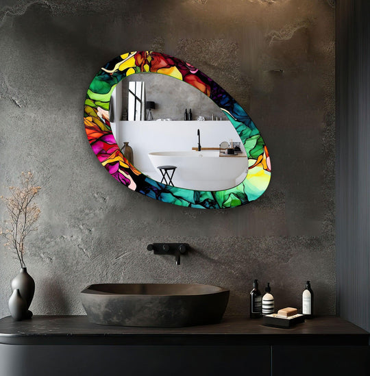 An asymmetric mirror displaying a vibrant colorful abstract design a unique decorative wall mirror crafted from tempered glass