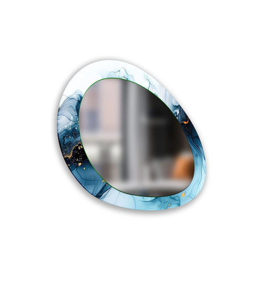 Blue decorative mirror showcases an oval modern wall mirror, featuring fluid azure and navy tones swirling around the reflective surface.