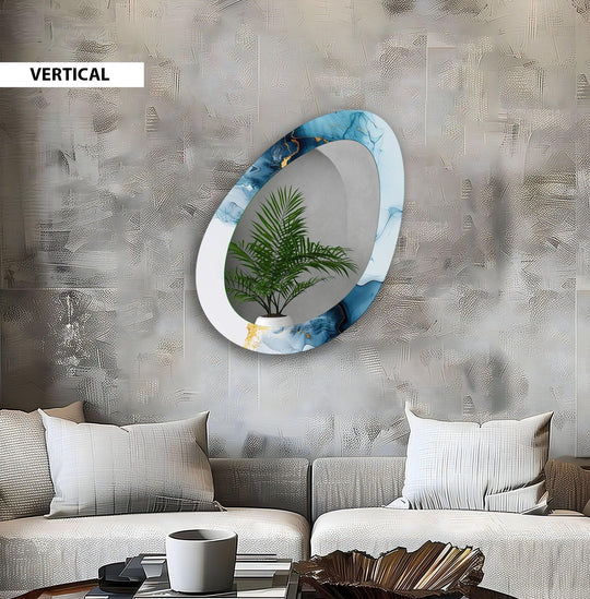 Swirling blues and gold in this blue bathroom mirror's abstract oval shape create a dynamic sense of movement, enhancing the art of decorating with wall mirrors.