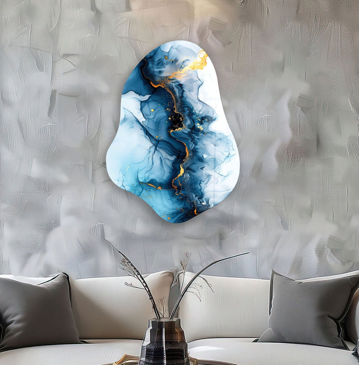 Abstract Blue Alcohol Ink Irregular Glass Wall Art, picture on glass wall art, photos printed on glass
