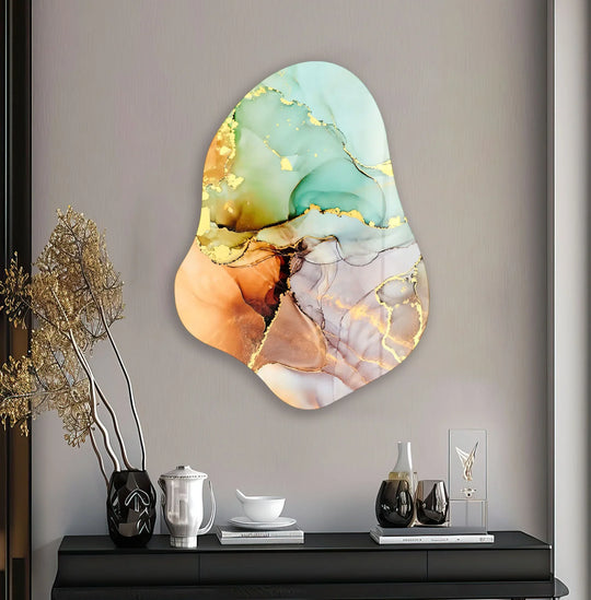 Turquoise alcohol ink stylish hanging wall art showcases a luxurious, marbled finish with shimmering gold accents.