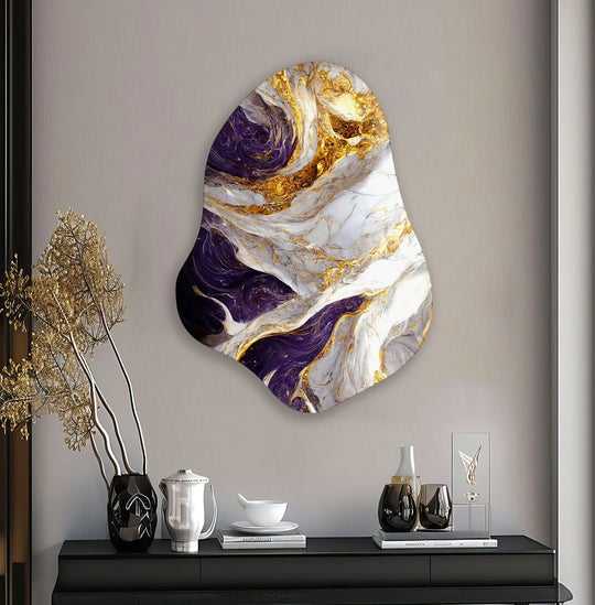 Purple and gold marble swirls create a dramatic print wall art piece with opulent texture.