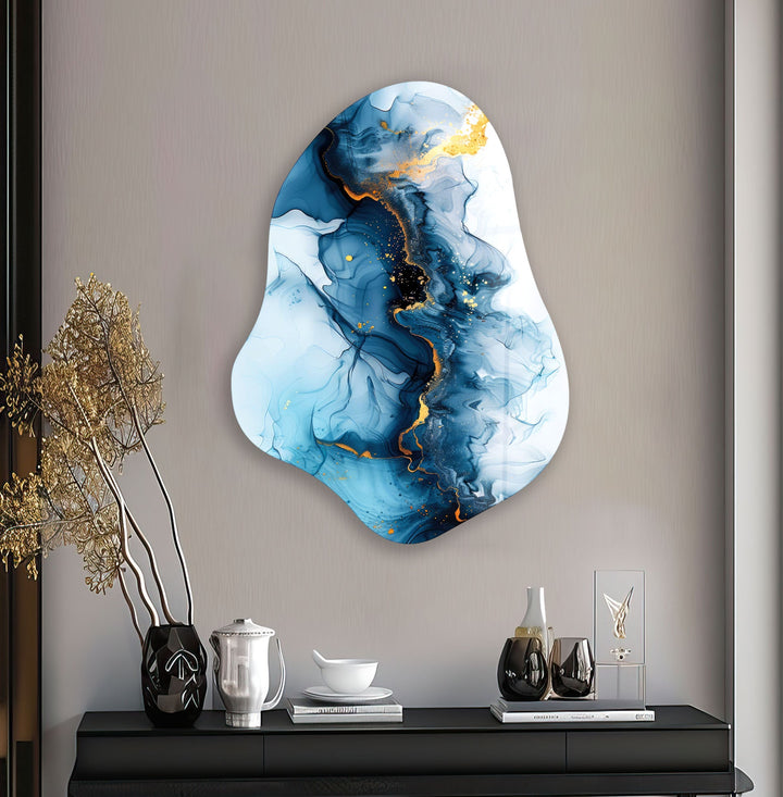 Abstract Blue Alcohol Ink Irregular Glass Wall Art, large glass photo prints, glass wall photos
