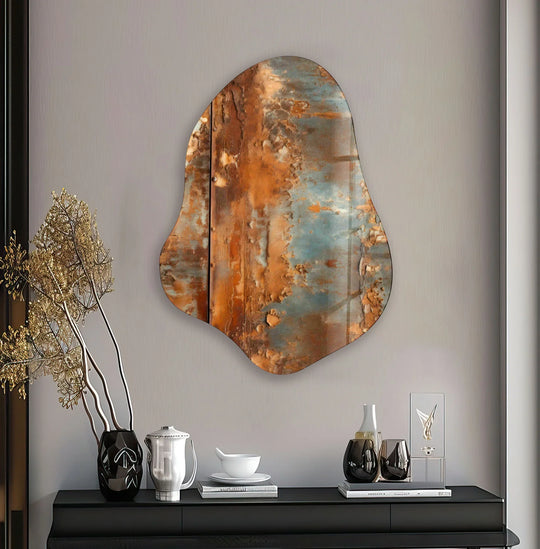 Abstract brown glass wall art prints with a distressed, textured aesthetic, evoking a weathered metal appearance.