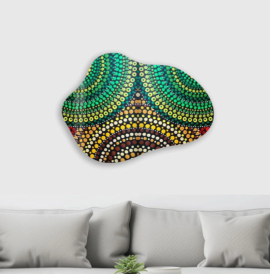 Dominant green, yellow, and brown dots create a vibrant, irregular pattern on this glass printing, evoking a mosaic.