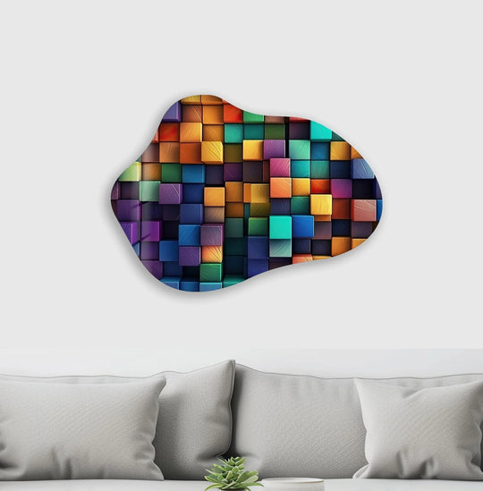 Intricate, photorealistic glass wall artwork showcases a vibrant, irregular mosaic of colorful, textured cubes.