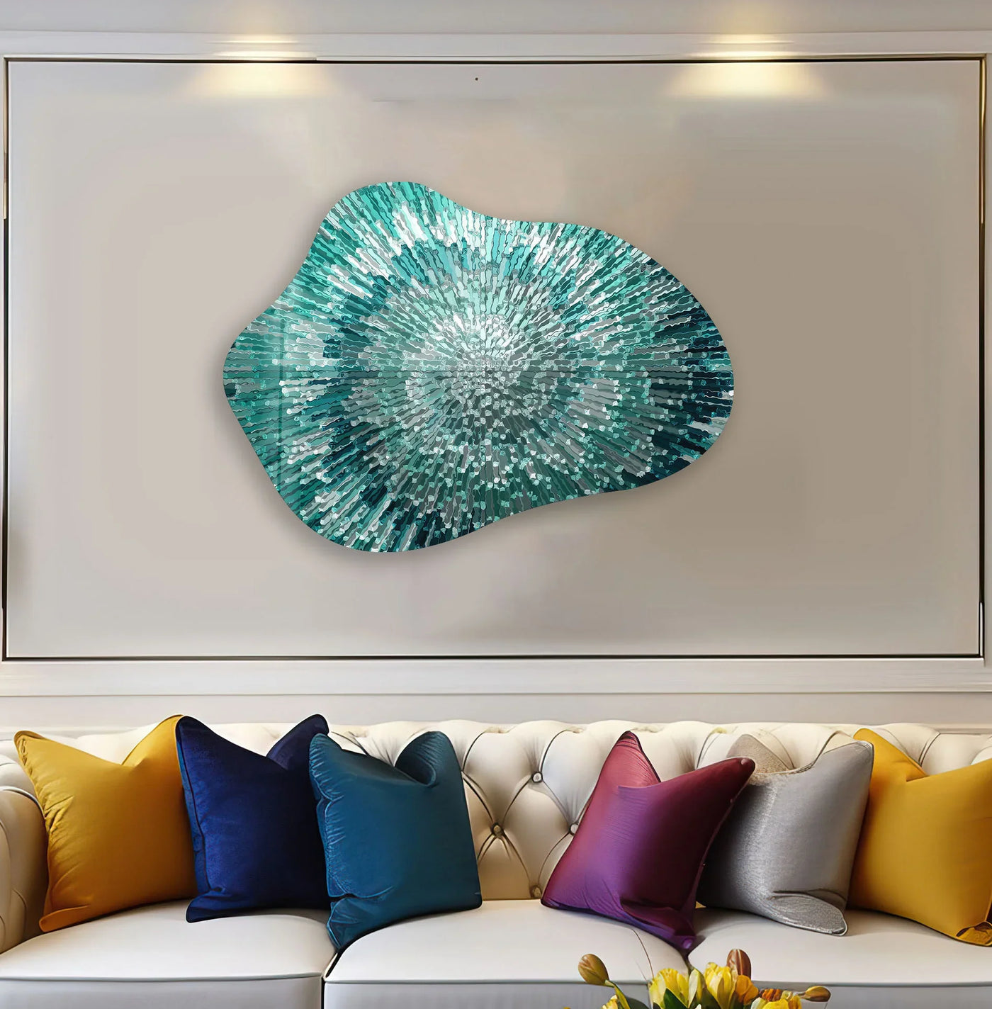 A vibrant glass wall artwork features a central geometric burst of turquoise and white crystalline shards radiating outward.