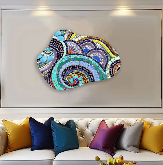 A captivating glass printing mosaic featuring vibrant blues and yellows, showcasing exceptional material quality and intricate detail.