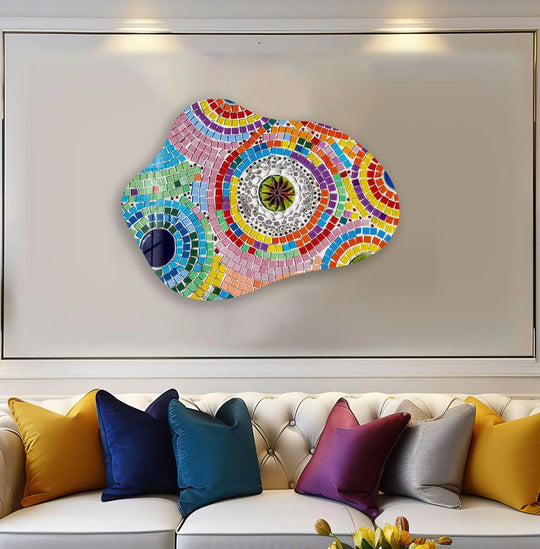 A mosaic of colorful glass tiles forms a unique modern wall decor focal point above a sofa.