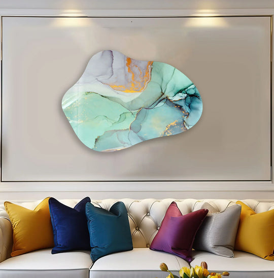 Captivating abstract glass wall art features shimmering gold accents within swirling turquoise and grey watercolors, showcasing exquisite decorative wall art quality.