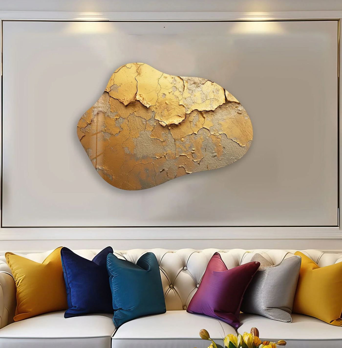 A close-up reveals a textured, golden abstract glass wall art piece with a cracked, peeling paint effect, adding unique home decor to the scene.