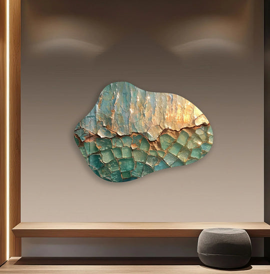 The edge of this unique modern wall decor features fractured, jewel-toned glass with a cracked, earthy texture.